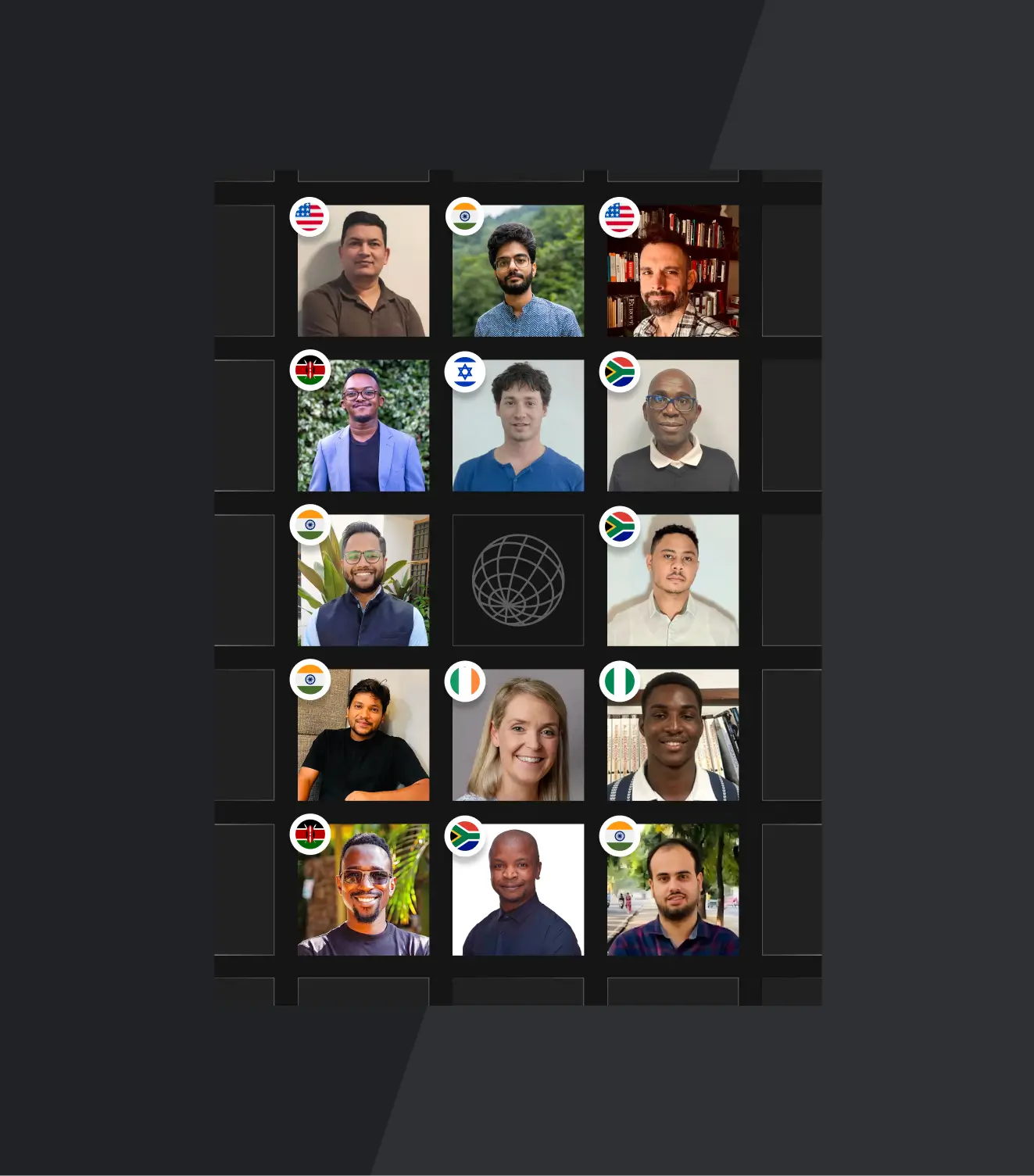 Grid of diverse professional headshots with country flags including USA, India, Kenya, Israel, South Africa, and Nigeria, surrounding a globe icon in the center.